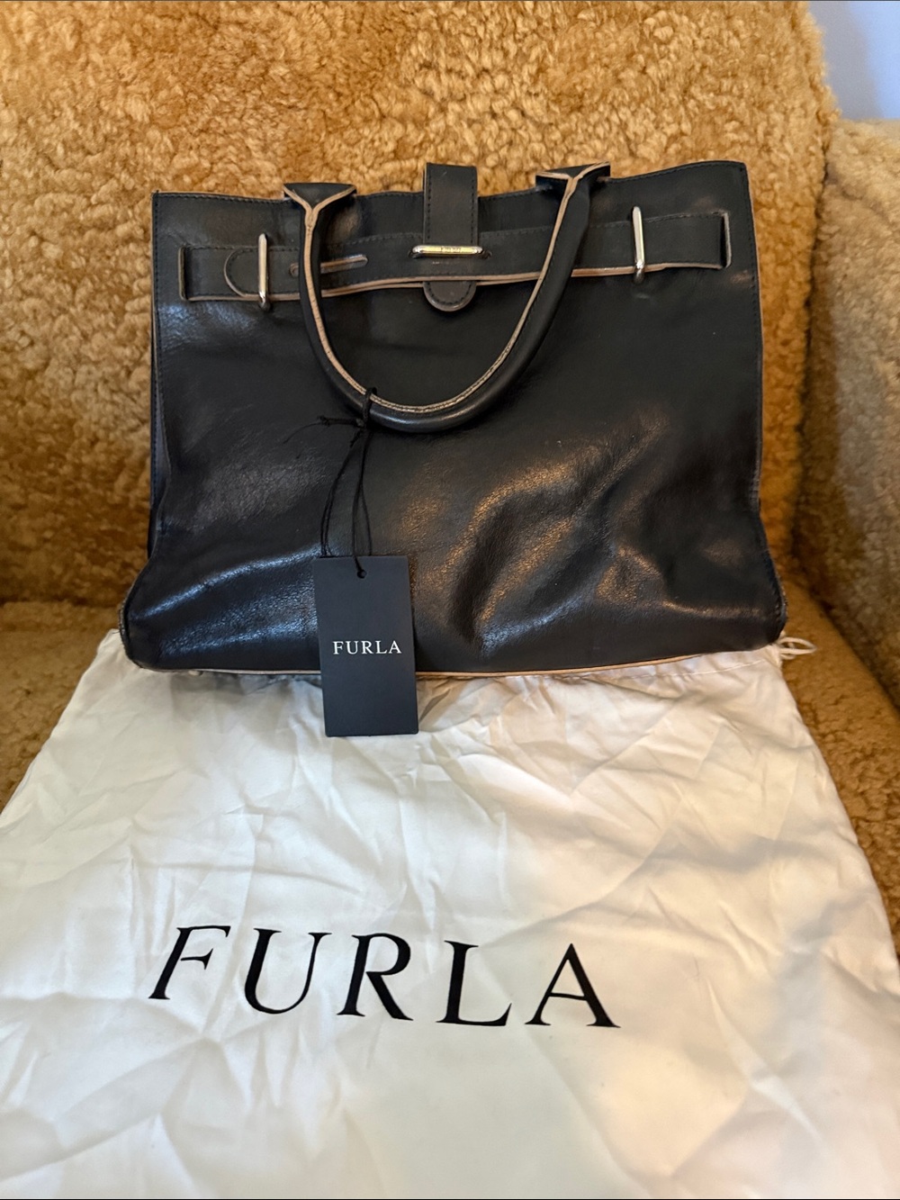 Furla Black Leather Tote with Tan Trim